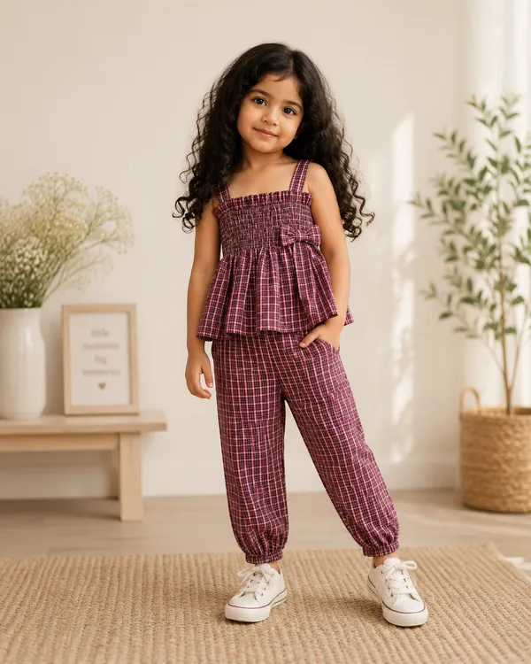 Maroon_Cotton_Check_Print_Camisole_Top_&_Jogger_Set_For_Girls