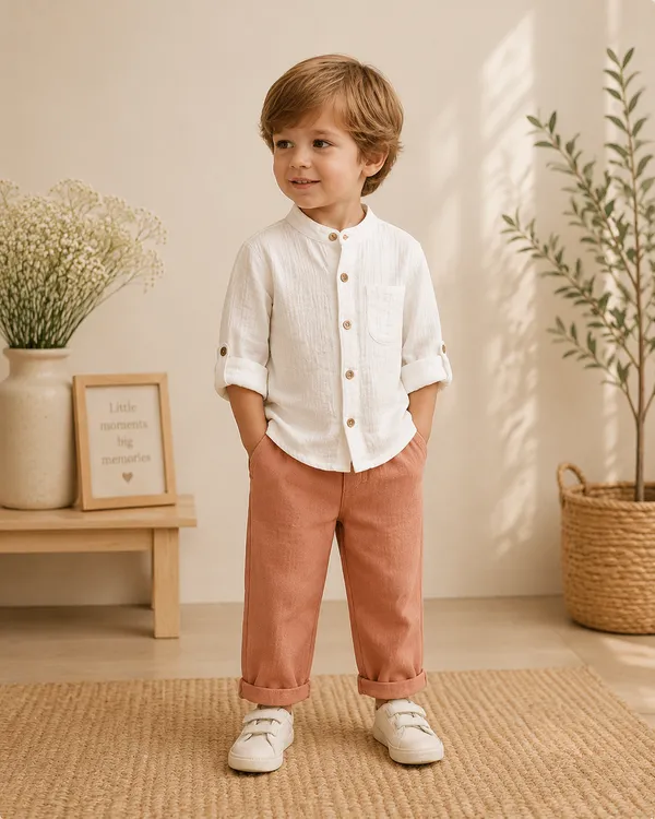 White_Cotton_Relaxed_Fit_Shirt_And_Rust_Trousers_Set_For_Boys