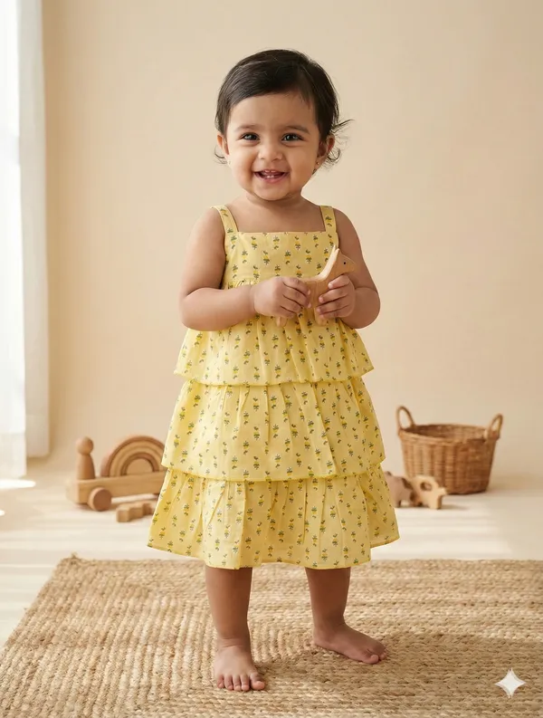 Yellow_Cotton_Floral_Print_Tiered_Dress_For_Baby_Girls