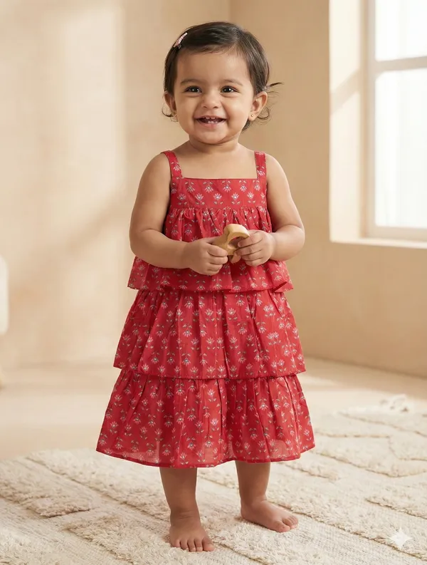 Red_Cotton_Floral_Print_Tiered_Dress_For_Girls