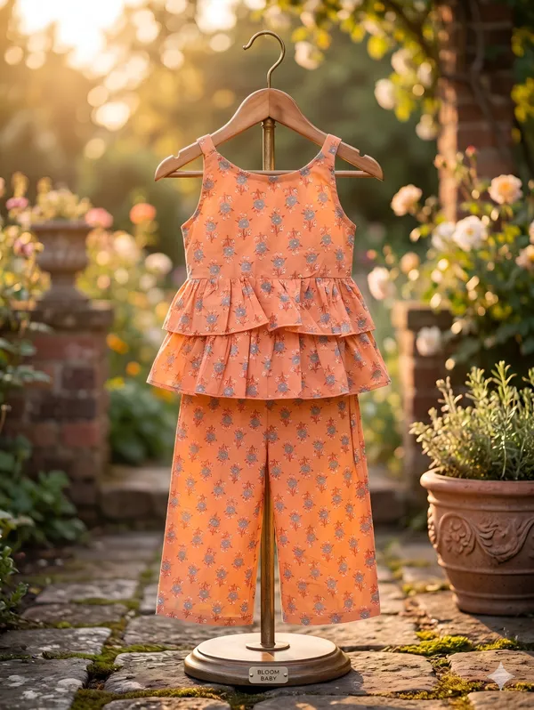 Orange_Cotton_Floral_Peplum_Top_&_Pants_Co-Ord_Set_For_Girls