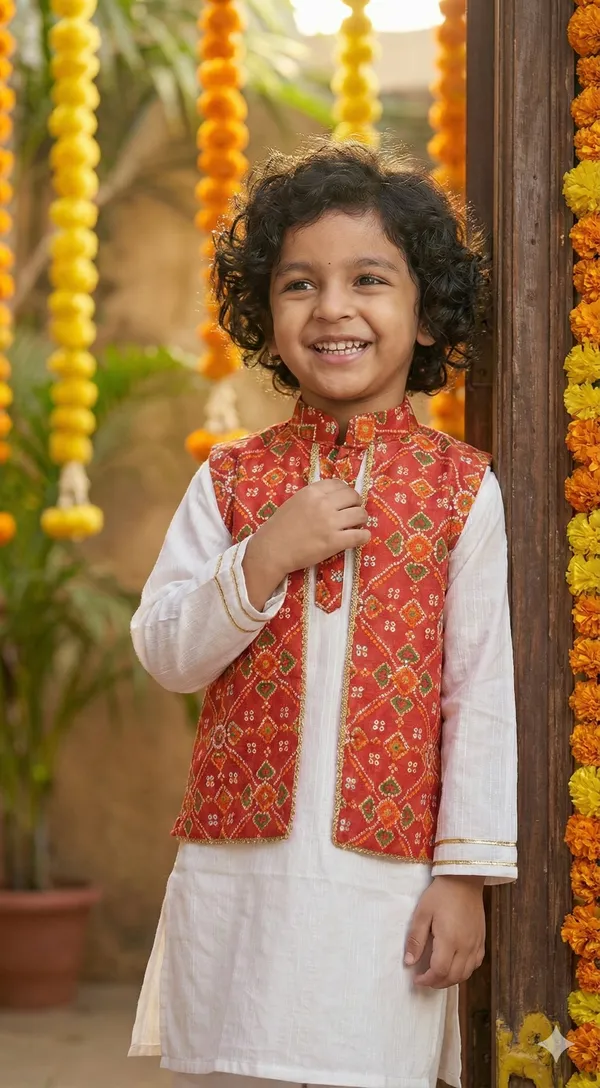 White_&_Red_Cotton_Straight_Fit_Printed_Kurta_Set_For_Boys