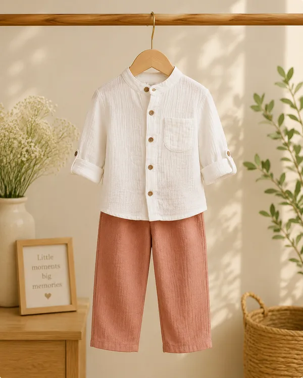 White_Cotton_Relaxed_Fit_Shirt_And_Rust_Trousers_Set_For_Boys