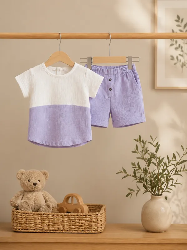 White_&_Lilac_Cotton_Relaxed_Fit_Top_&_Shorts_Set_For_Boys