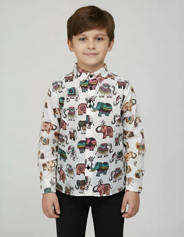 White_Cotton_Regular_Fit_Elephant_Print_Shirt_For_Boys