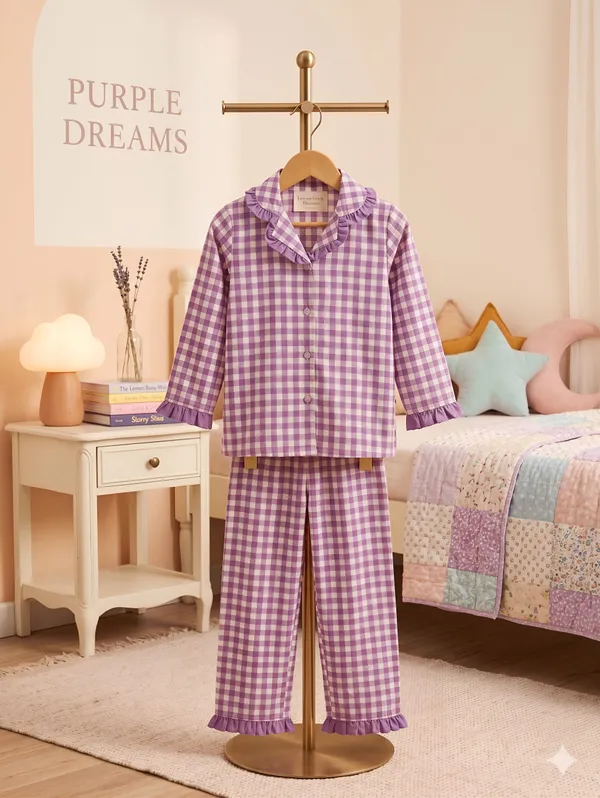 Purple_Cotton_Checkered_Button_Front_Night_Suit_For_Girls