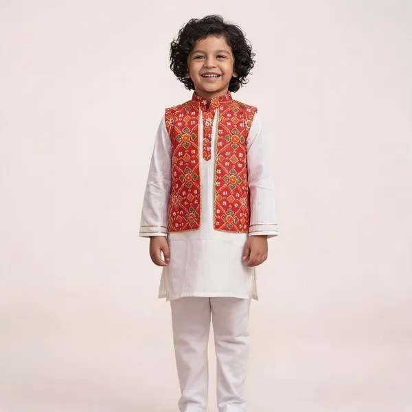 White_&_Red_Cotton_Straight_Fit_Printed_Kurta_Set_For_Boys