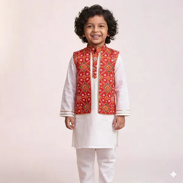 White_&_Red_Cotton_Straight_Fit_Printed_Kurta_Set_For_Boys