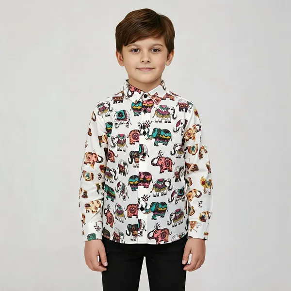 White_Cotton_Regular_Fit_Elephant_Print_Shirt_For_Boys
