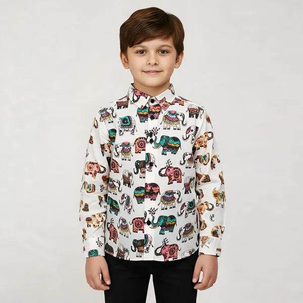 White_Cotton_Regular_Fit_Elephant_Print_Shirt_For_Boys