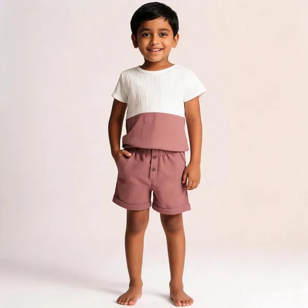 White_&_Mauve_Cotton_Relaxed_Fit_Top_&_Shorts_Set_For_Toddlers