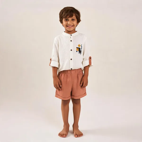 White_&_Rust_Cotton_Mandarin_Collar_Shirt_&_Shorts_Set_For_Boys