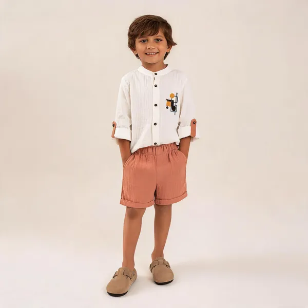 White_&_Rust_Cotton_Mandarin_Collar_Shirt_&_Shorts_Set_For_Boys