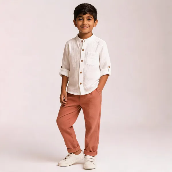 White_Cotton_Relaxed_Fit_Shirt_And_Rust_Trousers_Set_For_Boys
