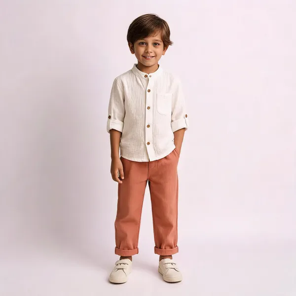 White_Cotton_Relaxed_Fit_Shirt_And_Rust_Trousers_Set_For_Boys