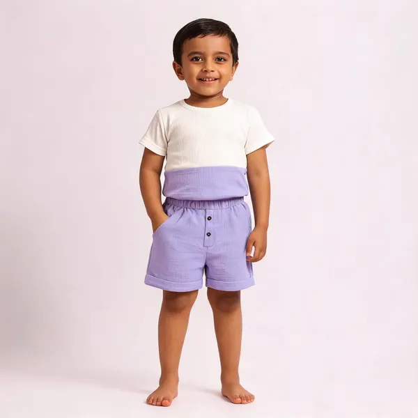 White_&_Lilac_Cotton_Relaxed_Fit_Top_&_Shorts_Set_For_Boys