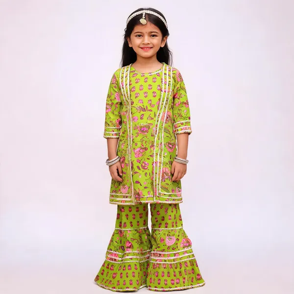Green_Cotton_Floral_Print_Kurta_Sharara_Set_For_Girls