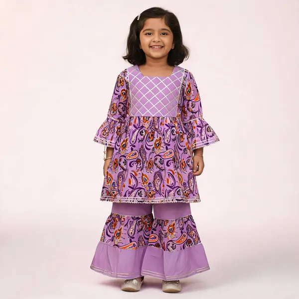 Purple_Cotton_Printed_Flared_Kurta_Sharara_Set_For_Girls