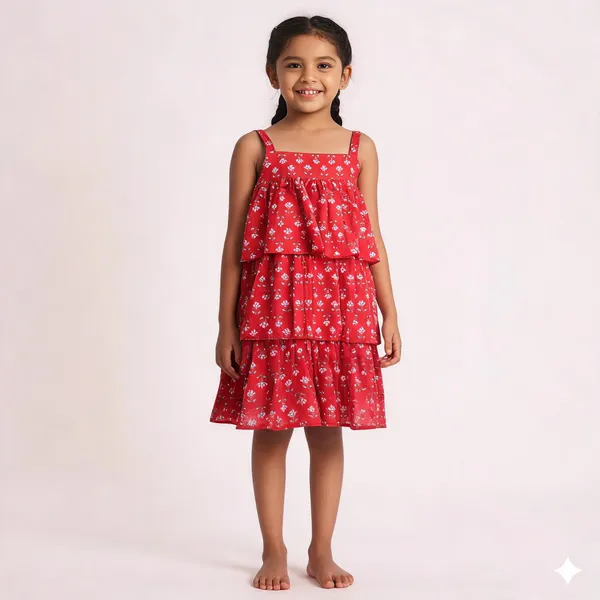Red_Cotton_Floral_Print_Tiered_Dress_For_Girls