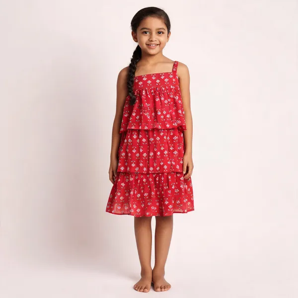 Red_Cotton_Floral_Print_Tiered_Dress_For_Girls