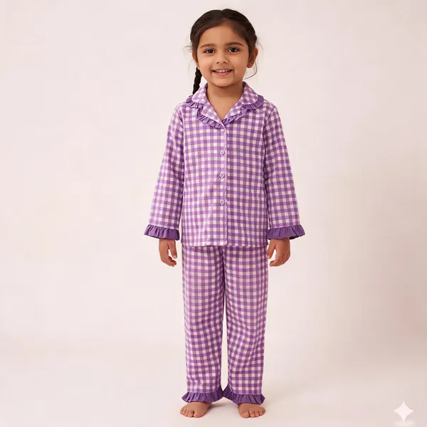 Purple_Cotton_Checkered_Button_Front_Night_Suit_For_Girls