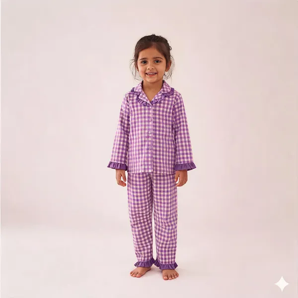 Purple_Cotton_Checkered_Button_Front_Night_Suit_For_Girls