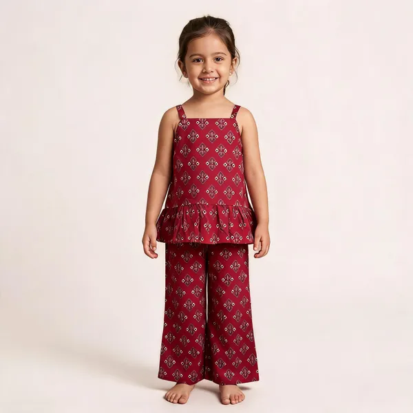 Maroon_Cotton_Printed_Sleeveless_Co-Ord_Set_For_Girls