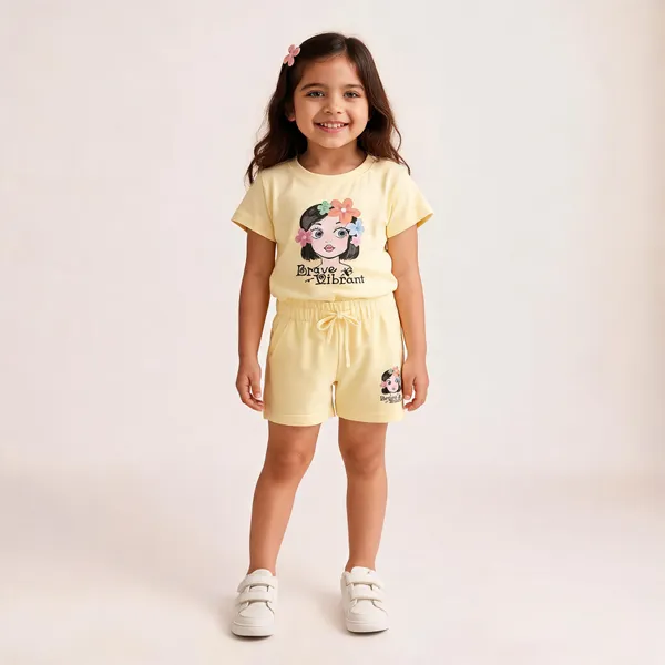 Yellow_Cotton_Printed_T-Shirt_And_Shorts_Set_For_Girls