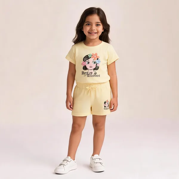 Yellow_Cotton_Printed_T-Shirt_And_Shorts_Set_For_Girls