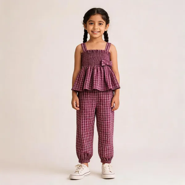 Maroon_Cotton_Check_Print_Camisole_Top_&_Jogger_Set_For_Girls