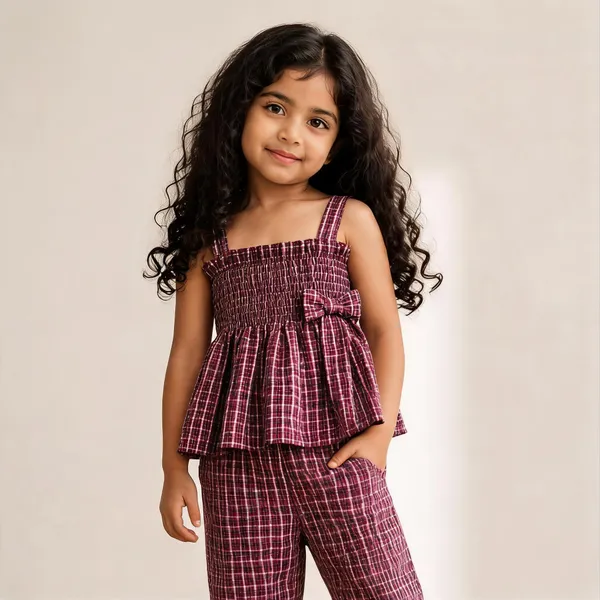 Maroon_Cotton_Check_Print_Camisole_Top_&_Jogger_Set_For_Girls