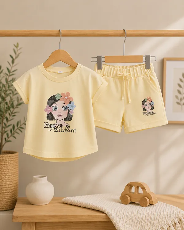 Yellow_Cotton_Printed_T-Shirt_And_Shorts_Set_For_Girls