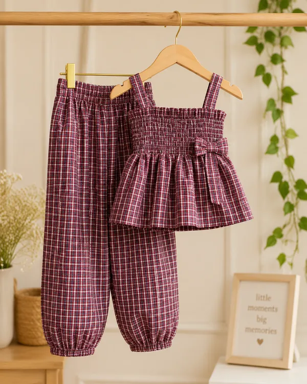 Maroon_Cotton_Check_Print_Camisole_Top_&_Jogger_Set_For_Girls