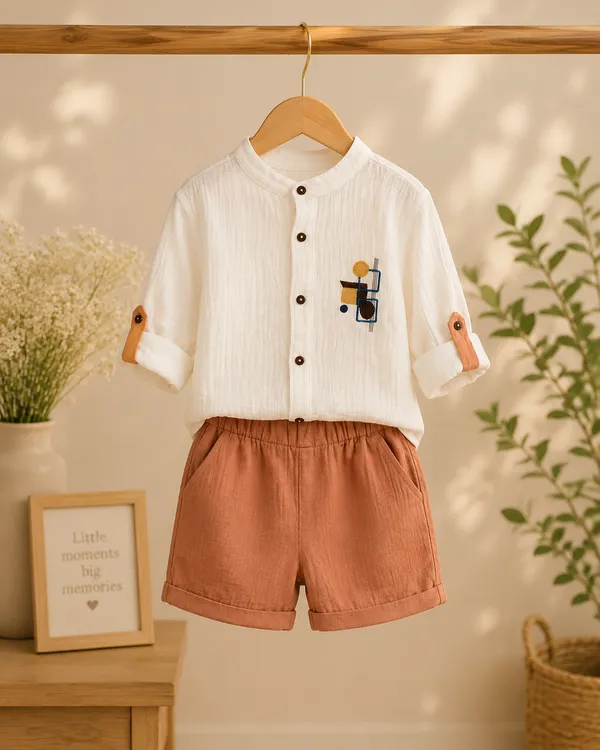 White_&_Rust_Cotton_Mandarin_Collar_Shirt_&_Shorts_Set_For_Boys