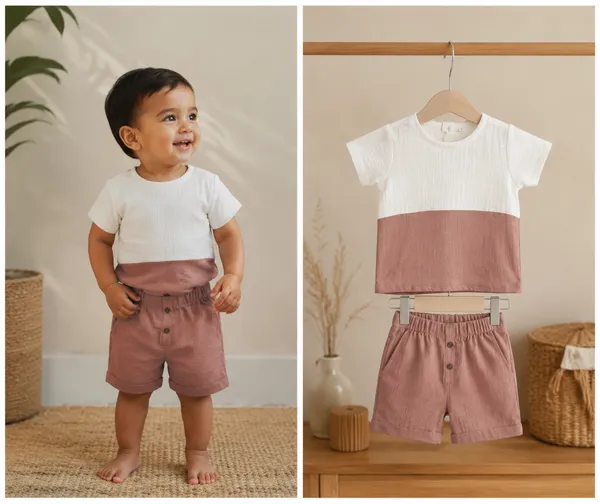 White_&_Mauve_Cotton_Relaxed_Fit_Top_&_Shorts_Set_For_Toddlers