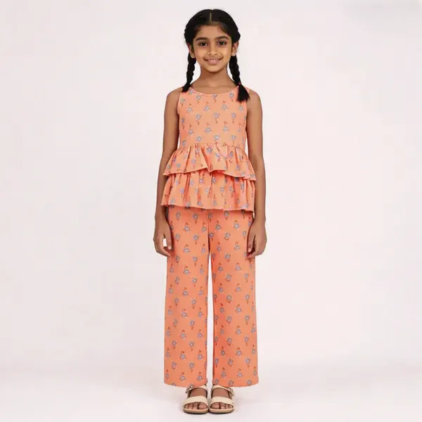 Orange_Cotton_Floral_Peplum_Top_&_Pants_Co-Ord_Set_For_Girls