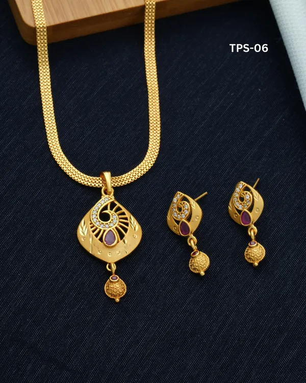 Gold_Tone_Purple_Stone_Pendant_Necklace_And_Earrings_Set_For_Women