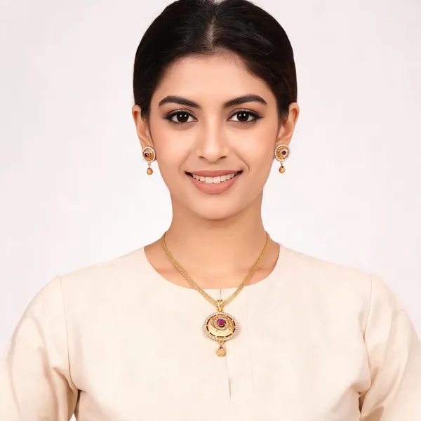 Gold_Tone_Alloy_Purple_Stone_Circular_Pendant_Necklace_Earrings_Set_For_Women