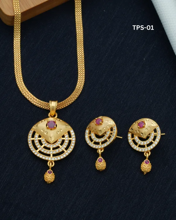 Gold_Tone_Red_Stone_Geometric_Necklace_And_Earrings_Set_For_Women