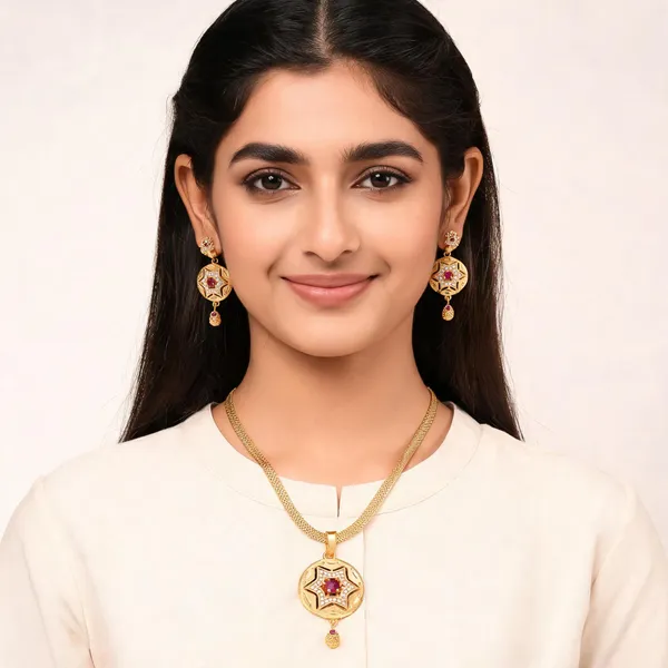 Gold_Tone_Red_Stone_Star_Motif_Necklace_And_Earrings_Set_For_Women