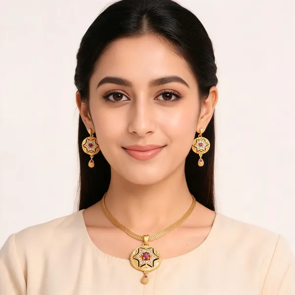 Gold_Tone_Red_Stone_Star_Motif_Necklace_And_Earrings_Set_For_Women