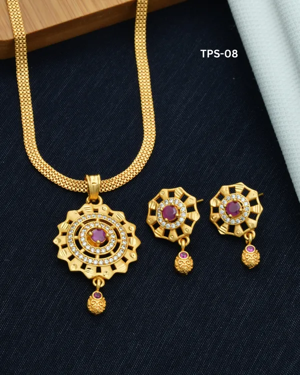 Gold_Tone_Red_Purple_Stone_Circular_Pendant_Necklace_Set_For_Women