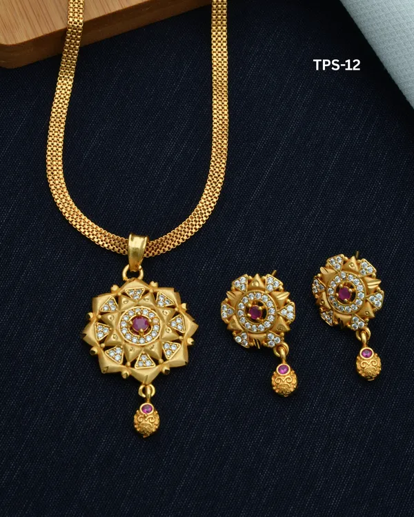 Gold_Tone_Alloy_Purple_Stone_Floral_Pendant_Necklace_Earrings_Set_For_Women