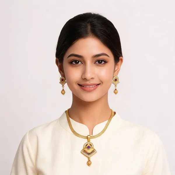 Gold_Tone_Geometric_Necklace_And_Earrings_Set_For_Women