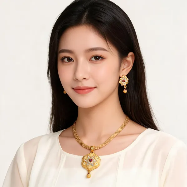 Gold_Tone_Floral_Geometric_Statement_Necklace_And_Earrings_Set_For_Women