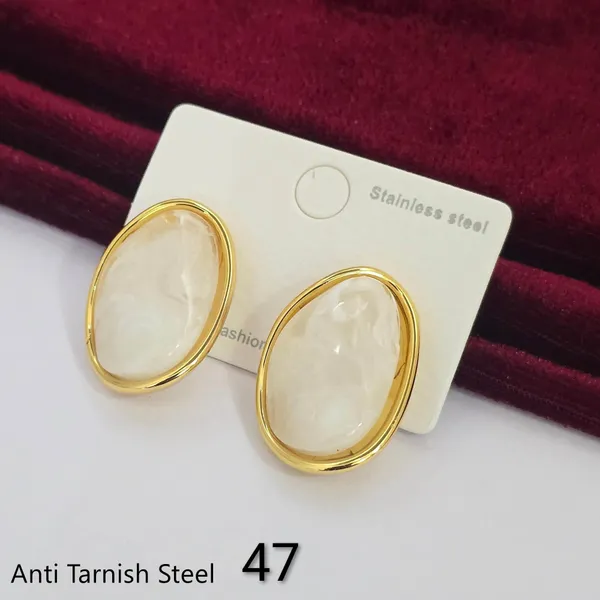 Gold_White_Steel_Resin_Oval_Stud_Earrings_For_Women