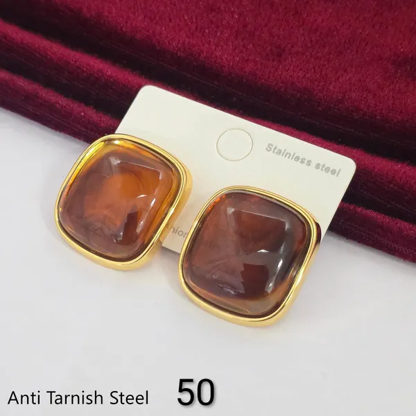 Gold_Brown_Steel_Resin_Square_Stud_Earrings_For_Women
