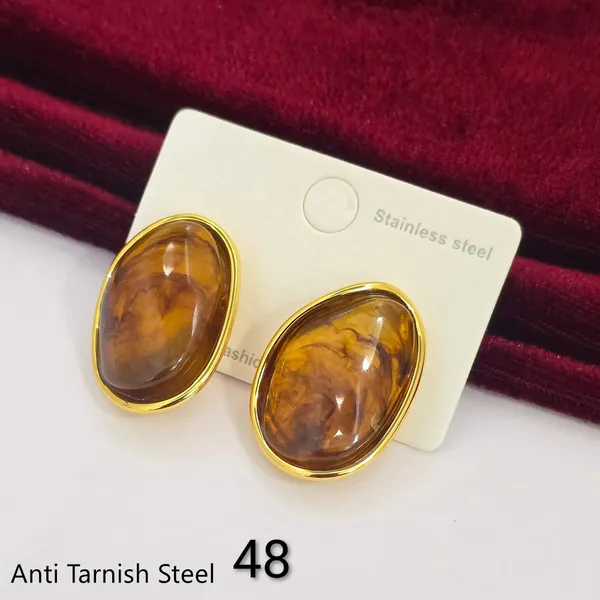 Gold_Brown_Steel_Resin_Oval_Cabochon_Stud_Earrings_For_Women
