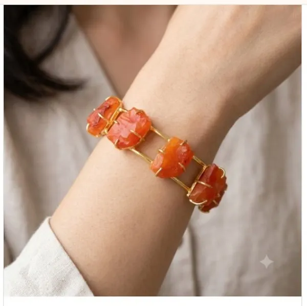 Gold___And_Orange_Brass_Druzy_Semi_Precious_Stone_Bracelet_For_Women