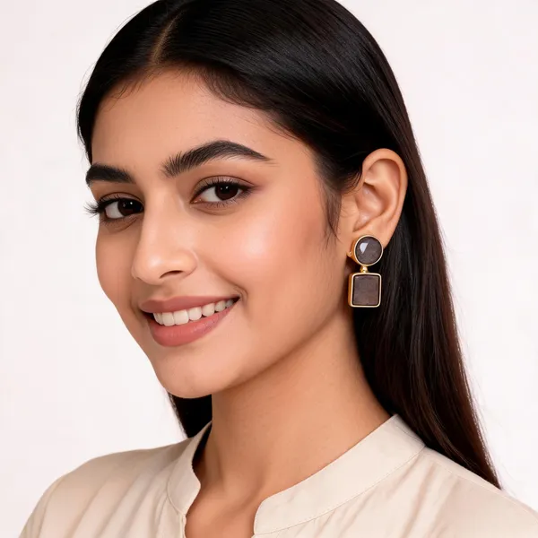 Gold___And_Black_Brass_Semi_Precious_Stone_Earrings_For_Women